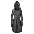 Women Costumes Lace Up Hooded Vintage Pullover High Low Bandage Long Dress Cloak