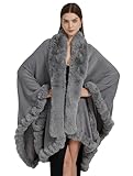 Tngan Faux Fox Fur Trim Cardigan Cloak Shawl Wraps Winter Poncho Oversized Cape Light Grey
