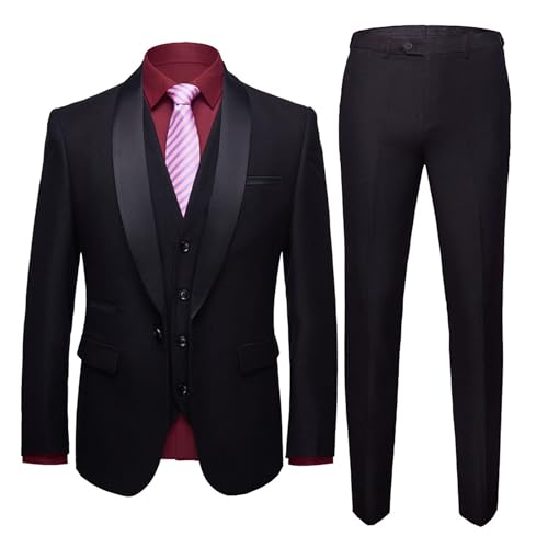JEsilunmaMY Mens 3 Piece Slim Fit Suit Set Shawl Lapel Solid Casual Tuxedo Suits Business Wedding Party Jacket Vest & Pant