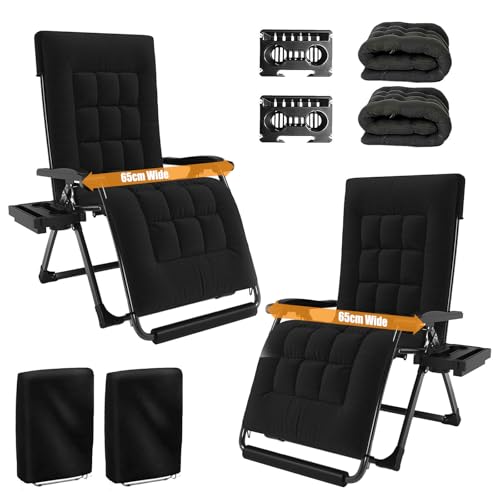 NJUN Tumbona Plegable Acolchada, 2 Piezas Silla Relax Reclinable con Reposacabeza Extraíble y Portavasos, Tumbona Jardín Exterior Cómoda para Terraza Balcón Piscina Camping