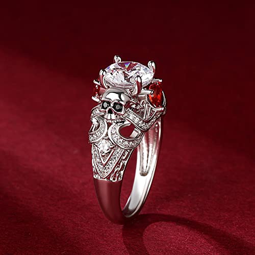 Image of Jeulia 2.55ct Skull Engagement Ring Sets Sterling Silver Heart Cut Red Diamond Ruby Rings Cubic Zirconia Wedding Promise Anniversary Romantic Jewelry for Women Grils Bridal with Gift Box