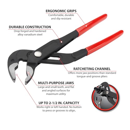 Image of Performance Tool W30742 Ratcheting Tongue and Groove Pliers - Versatile and Efficient with Adjustable Jaw Capacity up to 2-1 /2-Inches