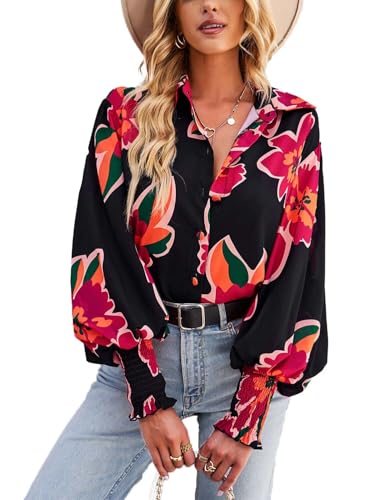 Image of HUXRAKV Blouses for Women Dressy Casual Long Sleeve Button Down Shirts Floral Printed Fall Blouses with Lantern Sleeve Tops,WD15-Red,L
