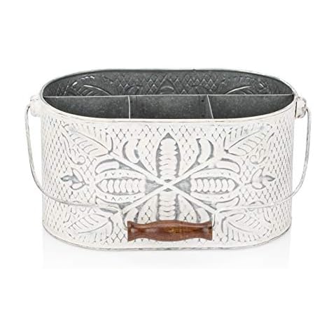 CRAFTSMAN ROAD Distressed White Metal Caddy – Farmhouse Galvanized Kitchen Organizer with Handle – Vintage Rustic Multi-Compartment Holder for Napkins, Plates, Cutlery, Flatware, Cleaning Supplies Cover