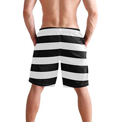 Men's Quick Dry Swim Trunks with Pockets Black and White Horizontal Stripe Beach Swimwear Board Shorts3