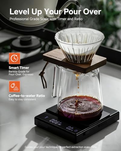 MUVNA Rechargeable Coffee Scale with Timer - Large Digital Pour-Over Scale, 2kg/0.1g Precision for Espresso Weight, Drip, Auto Tare, Brew Ratio, 3 Modes, 1500mAh for Long Standby, Black — view 2