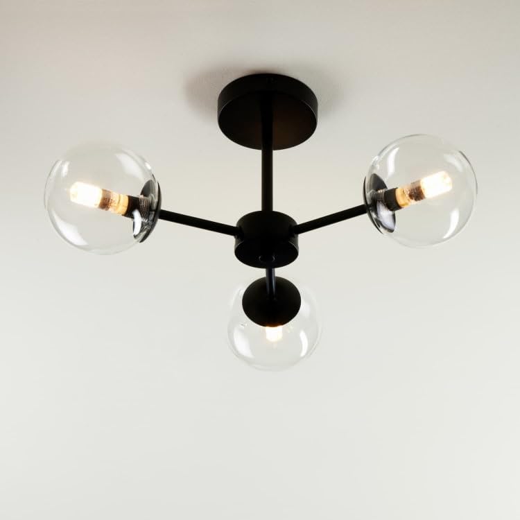 New Stockholm 3-Bulb Glass Ball Ceiling Light – Modern Sleek Black Finish, Stylish and Sophisticated Design for Kitchen, Dining Room, or Living Room Interiors Home Decor -A31 (Black)