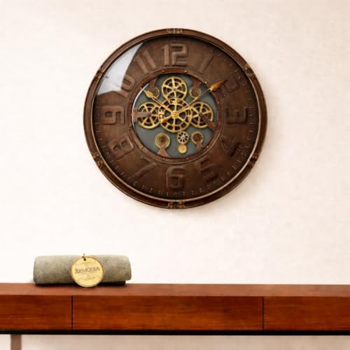 Image of ARMONIA Vintage Mechanical Moving Gear Wall Clock 60 cm | Large Acrylic Industrial Steampunk Analog Clock | Real Moving Gears, Dual Tone Vintage Design | Modern Home & Office Decor