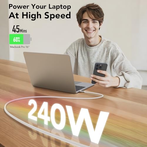 Image of MFish 240W USB-C to USB-C Cable (PD 3.1 EPR), 480Mbps Speed, Fast Charging Type C Cable for MacBook Pro /Air, iPhone 17 /16 Pro, Galaxy S25 /S24, Laptops, iPad, Durable Silicone, 6FT Grey