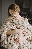 clootess Chunky Knit Blanket Merino Wool Hand Made Throw Bedroom Home Decor (Light Camel 40'x40')