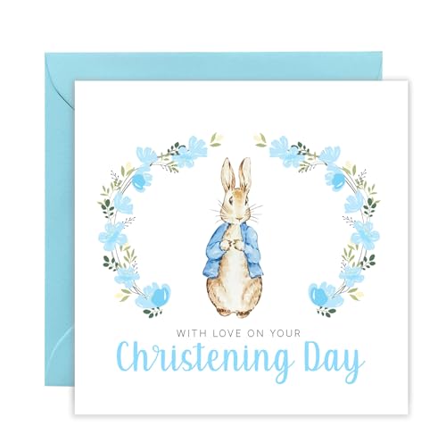Image of Christening Day Card for Boy – Blue Bunny Floral Wreath Design – With Love on Your Christening Day Religious Baptism Christening Card for Boys, Son, Grandson, Nephew with Blue Envelope