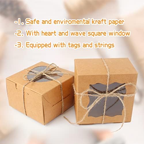 20Pcs Brown Kraft Bakery Boxes 10*10*6cm Cupcake Boxes Single Small Cake Boxes Cookie Boxes with Heart and Wave Square Window with 20Pcs Tags and 20m String for Cupcake Cookies Small Prensent Decor