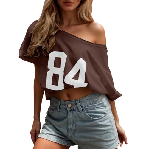 Women One Shoulder Oversized Tshirts Short Sleeve Y2k Summer Crop Tops Jersey Off Shouder Graphic Tee Brown