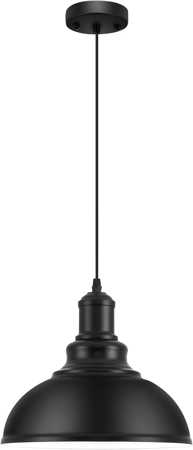 Pendant Lights, Farmhouse Pendant Lamp with Metal Shade (White Inside), Matte Black Industrial Pendant Lighting for Kitchen Island, Dining Room, Bedroom, Hallway