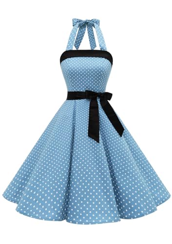Timormode Damen Vintage Cocktailkleid Knielang Neckholder Swing Retro Rockabilly Kleid Klein Hellblau Weiß XL