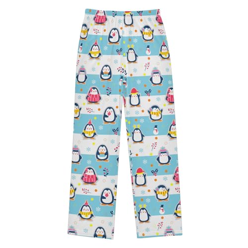 Penguin Snowman Striped Boys Long Pants Soft Trousers Elastic Waist Kids Lounge Bottoms with Pockets S-XL