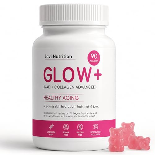 JOVI NUTRITION Jovi Glow+ NAD+ & Collagen Gummies Multi-Type Hydrolyzed Collagen Peptides Resveratrol Hyaluronicacid Vitaminc Supplement for Skin Hair Nails 90 Count (1 A)