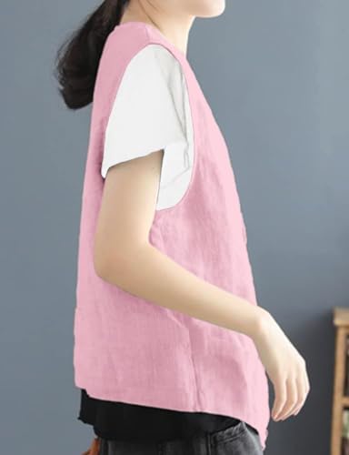 ايديلسانكسن سترة نسائية من القطن والكتان بدون اكمام، سترات عصرية كاجوال خفيفة الوزن، سترة صدرية (بينك، XL)