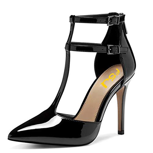 FSJ Women Fashion Closed Pointed T-Strap Pumps Animal D'Orsay Print/Solid Color Buckle Ankle Straps Stiletto High Heels Party Dress Shoes Size 4-15 M US