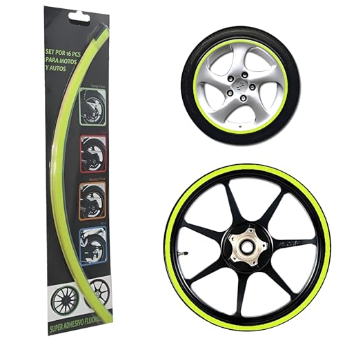 Image of Wheel Rim Fluorescent Adhesive Stickers for Bike & Car | Universal Fit | 16 pcs Strip Set | Waterproof Reflective Rim Tape for Stylish Look & Safety (Fluorescent Yellow)