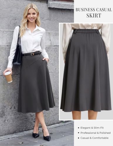 Image of Women's Business Casual Midi Skirt, High Waist Flowy Skirts with Pockets | Flowy, Work, Basic, Elegant, Teacher, Formal, Office, Funeral, Church, Fashion, Outfits, Clothing