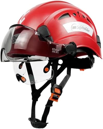 Safety Helmet Hard Hat with Visor Adjustable Lightweight Vented Work Helmet for Men ANSI Z89.1 Approved Industrial & Construction (Red Helmet with Clear & Tinted Visor)