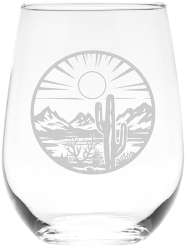 C M - 17 oz Stemless Wine Glass with Desert Landscape - Desert Themed Gift for Women and Men - Clear Glass
