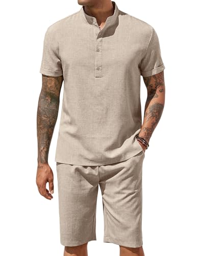 COOFANDY Men's 2 Pieces Set Short Sleeve Henley Shirts and Shorts Pants Texture Summer Beach Vacation Outfits