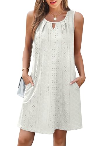 Image of RUMIA Swimsuit Coverup for Women Summer Sleeveless Beach Dress | Crew Neck, Pockets, Eyelet, Boho, Above knee Length, A-Line. Everyday wear, Sundresses, Cruise Wear, Vacation essential