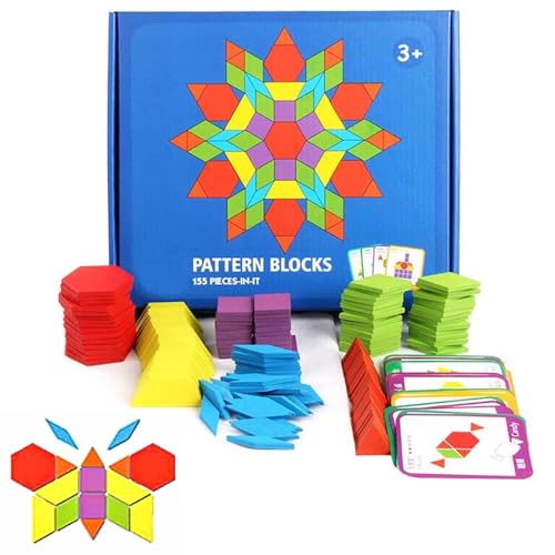 JCREN Wooden Pattern Blocks Montessori Toys Shape Puzzles Kindergarten Classic Educational Tangram Geometric Brain Teaser Toys Best STEM for Kids Ages 4-8 with 24 Pcs Cards