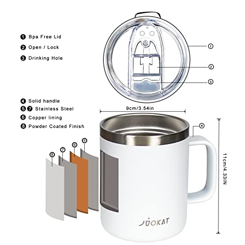 Jvokat Stainless Steel Insulated Coffee Mug, 12 Oz Coffee Travel Mug, Thermal Travel Cup With Handle,Coffee Tumbler With Spill Proof Lid, Double Wall Camping Mug For Hot Or Cold Drinks (White) #TOP1
