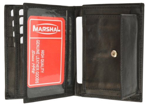 MARSHAL Genuine Leather Bifold Wallet with 2 center Flaps and Coin Purse for Men