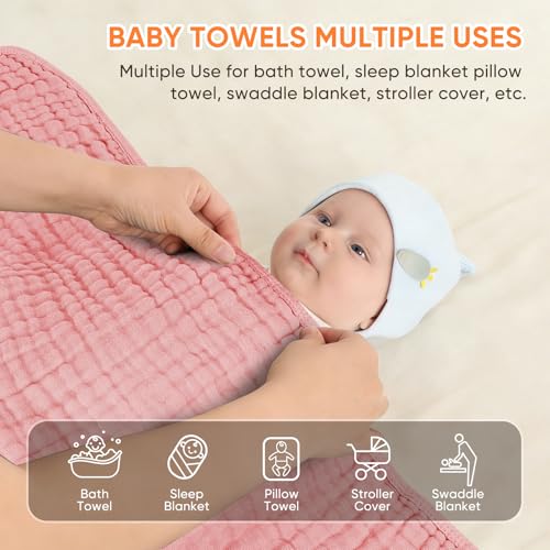 MIGIOL Muslin Hooded Baby Towels 100% Cotton ，Super Soft Muslin Baby Bath Towel - 32 x 32 Inches, Suitable for Newborn and Young Children up to 3 Years Old. (Light Pink & Dark Pink)