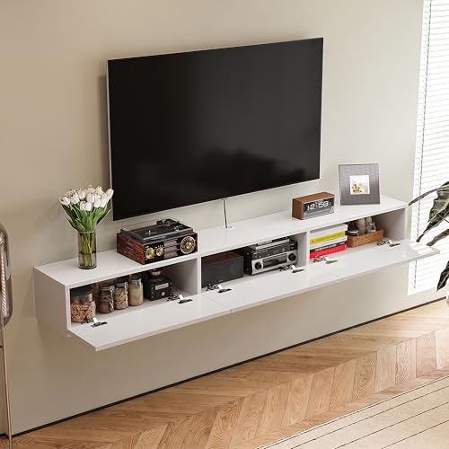 FurniNova Floating TV Stand with 3 Doors, Modern Floating TV Console Cabinet with Storage, Plywood Floating TV Shelf, Wall Mount TV Stand with Cable Holes for up to 78 Inch TVs, 78 in Black by FurniNova - Image 4