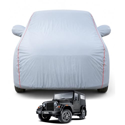 Image of Thar 2010-2019 Models 100% Waterproof Car Cover for All Weather Protection Mirror & Inner Cotton Triple Stitched Cover, Adjustable Belt Bottom Elastic to Secure Fit (Dark Grey)