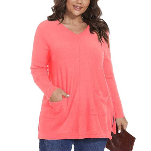 Image of Women's V-Neck Long Sleeve Casual Pullover Tops Loose Fit Lightweight Sweater Pink