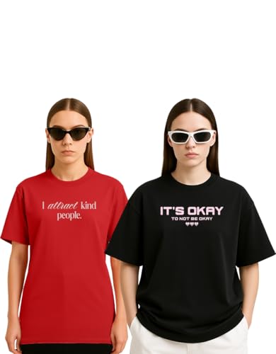 Image of Women's Oversized Cotton Blend Graphic T-Shirt Combo (Pack of 2) | Baggy Fit, Drop Shoulder, Half Sleeves | Sizes S to 2XL