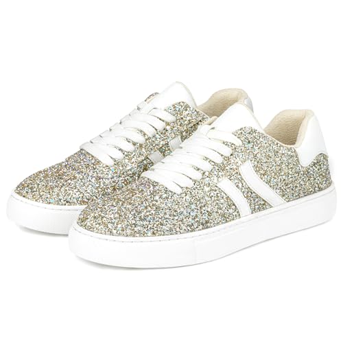 Image of Suokdil Sparkle Rhinestone Sneakers for Women - Bling Fashion Bedazzled Platform Tennis Shoes - White Glitter Sequin Wedding and Party Shoe