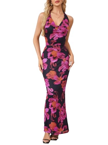 SOLY HUX Women's Floral Print Mesh Halter Bodycon Dress Cowl Neck Tie Backless Maxi Dresses