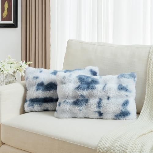 FUTEI Blue White Decorative Throw Pillow Covers 12x20 Inch Set of 2,Soft Fuzzy Faux Rabbit Fur Pillow Case with Raised Texture,Neutral Boho Home Decor for Couch Bed Living Room