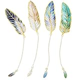 4PCS Metal Feather Bookmarks, Feather-Shaped Metal Bookmarks with Chain, Elegant Bookmark Set for Reader, Writer, Teacher and Student, Vintage-Inspired Book Marks Set for Women and Men, Valentine Gift
