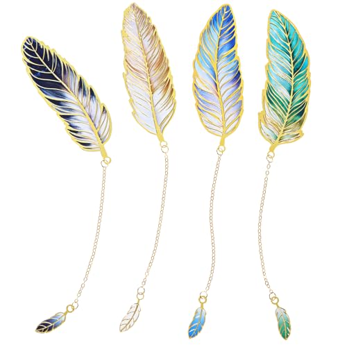 4PCS Metal Feather Bookmarks, Feather-Shaped Metal Bookmarks with Chain, Elegant Bookmark Set for Reader, Writer, Teacher and Student, Vintage-Inspired Book Marks Set for Women and Men, Valentine Gift