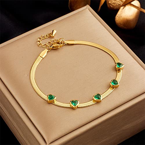 Bracelet Coeur en Zircon Vert et Blanc avec Chaîne Serpent Plate Élégante pour Femme