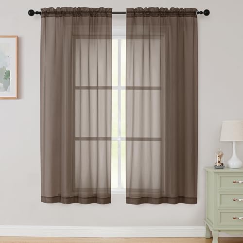 WelvetBLK Sheer Chocolate Curtains for Bedroom Living Room 63 Inch Length 2 Panels, Airy Soft Light Filtering Sheer Dining Room Curtains, Modern Rod Pocket Drapes, Chocolate, Each 42" Wx63 L Inches