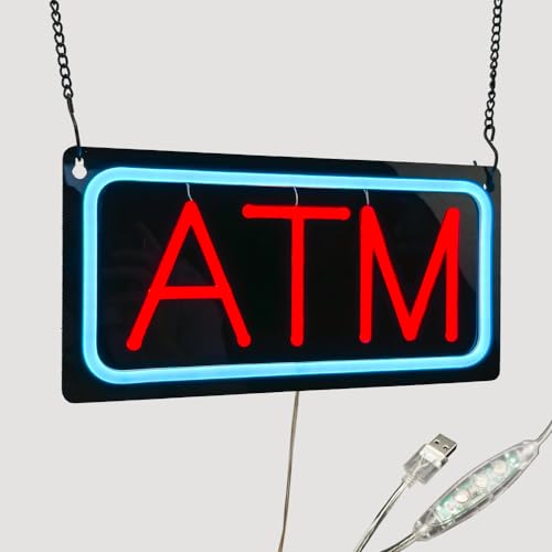 Image of ATM LED Neon Sign, 12 inchx6 inch, USB Powered with 9 Brightness Levels, Business Signboards for Bank Supermarket Convenience, Easy to Install, Ideal for Shop Wall Window Decoration (Red, Black Acrylic)