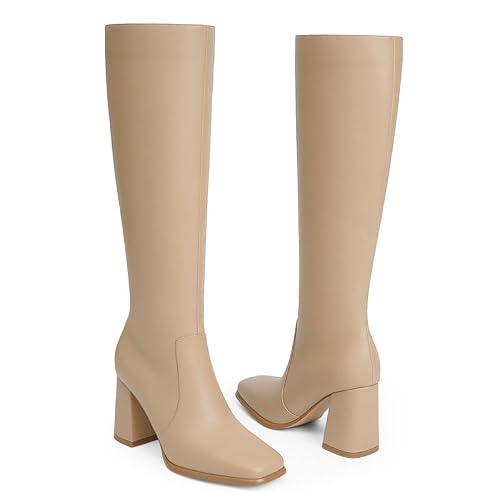 Modatope Nude Knee High Chunky Heel Boots Square Toe Tall Boots for Women Block Heel Side zipper Fall Boot Women Size 8 - Thumbnail 3