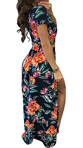 Aro Lora Women's Sexy V Neck Floral Printed Side Slit Two-Piece Maxi Dress4