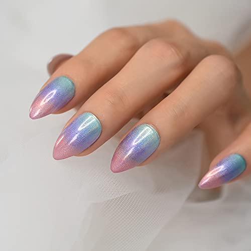 Coolnail Holographic Chrome Glossy Gradient Ombre French Almond Fake Nail Rainbow Uv Stiletto False Finger Tip For Manicure Women Girl #TOP3