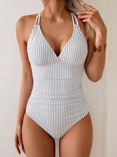 Image of Aidonger Women's One Piece Color Block Swimsuit Tummy Control Slimming Bathing Suit V Neck Cutout High Waisted Swimwear