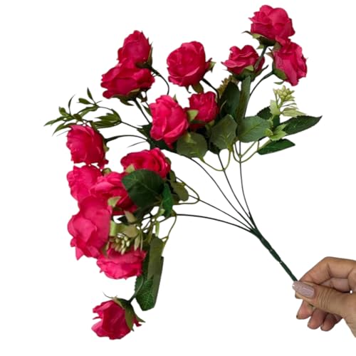 Image of Garden Art Artificial Small Rose Flower Bunch (Pack of 1) | 5 Heads with 15 Flowers & Buds, 35 cm Faux Rose Bouquet for Home Decor, Wedding & Table Decoration (Rose Pink)
